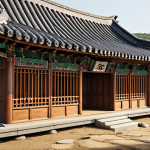 **

Prompt: Traditional Korean library architecture. Focus on ancient design elements like wood, roof shapes, and harmony with nature. Emphasize simplicity and the connection to the environment.

**