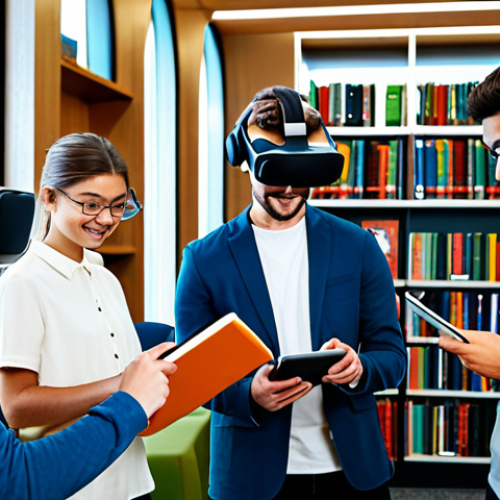 Home 14 A vibrant, modern library interior bustling with activity. In the foreground, a diverse group of people, fully clothed in modest, contemporary attire, are engaged in various learning activities. One person wears VR glasses, exploring a virtual world, while another operates a 3D printer, creating a small model. A young adult is seen reading an e-book on a tablet in a comfortable study nook. The space is filled with natural light, modern furniture, and subtle technological elements. The atmosphere is collaborative and innovative. Perfect anatomy, correct proportions, natural poses, well-formed hands, proper finger count, professional photography, high quality, safe for work, appropriate content, family-friendly.