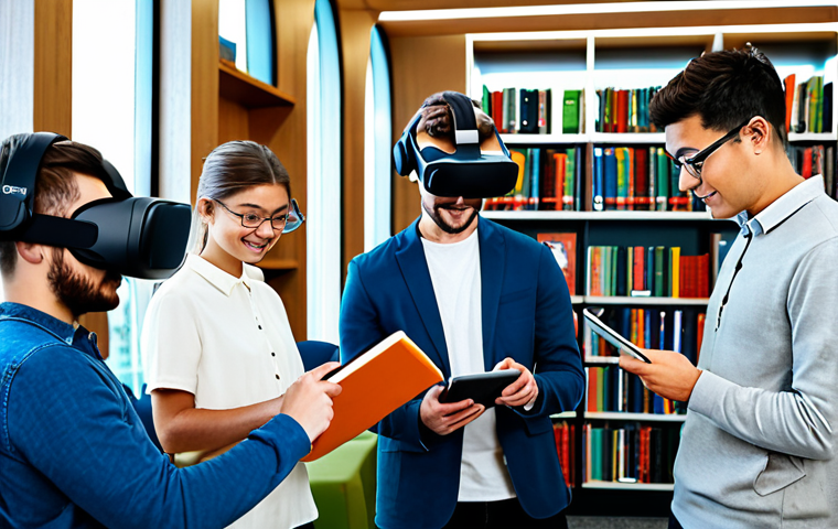 A vibrant, modern library interior bustling with activity. In the foreground, a diverse group of people, fully clothed in modest, contemporary attire, are engaged in various learning activities. One person wears VR glasses, exploring a virtual world, while another operates a 3D printer, creating a small model. A young adult is seen reading an e-book on a tablet in a comfortable study nook. The space is filled with natural light, modern furniture, and subtle technological elements. The atmosphere is collaborative and innovative. Perfect anatomy, correct proportions, natural poses, well-formed hands, proper finger count, professional photography, high quality, safe for work, appropriate content, family-friendly.