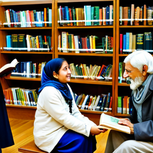 Home 7 A warm and inviting community library bustling with activity. In the foreground, a kind-faced elderly woman, fully clothed in modest traditional attire, gently shares a story from an open book with two attentive children who are also fully clothed in appropriate, family-friendly outfits. In the background, diverse individuals of various ages, all fully clothed in professional or modest attire, are engaged in quiet reading, group discussions, or browsing shelves filled with books, including some dedicated to local literature and folklore. The library features comfortable seating, natural lighting, and subtle decorative elements reflecting local heritage. Perfect anatomy, correct proportions, natural poses, well-formed hands, proper finger count, natural body proportions. Safe for work, appropriate content, fully clothed, family-friendly, professional photography, high quality.