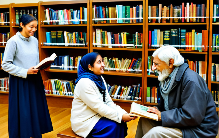 A warm and inviting community library bustling with activity. In the foreground, a kind-faced elderly woman, fully clothed in modest traditional attire, gently shares a story from an open book with two attentive children who are also fully clothed in appropriate, family-friendly outfits. In the background, diverse individuals of various ages, all fully clothed in professional or modest attire, are engaged in quiet reading, group discussions, or browsing shelves filled with books, including some dedicated to local literature and folklore. The library features comfortable seating, natural lighting, and subtle decorative elements reflecting local heritage. Perfect anatomy, correct proportions, natural poses, well-formed hands, proper finger count, natural body proportions. Safe for work, appropriate content, fully clothed, family-friendly, professional photography, high quality.