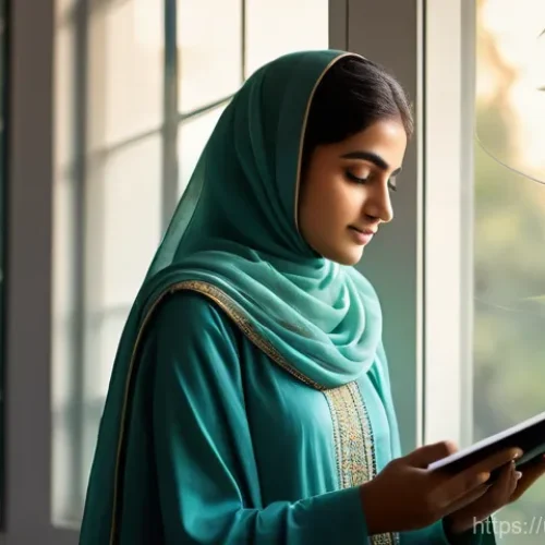 Home 15 책 없는 디지털 도서관 - **A Young Pakistani Student Exploring a Digital Library:** A serene, medium shot of a young Pakistan...