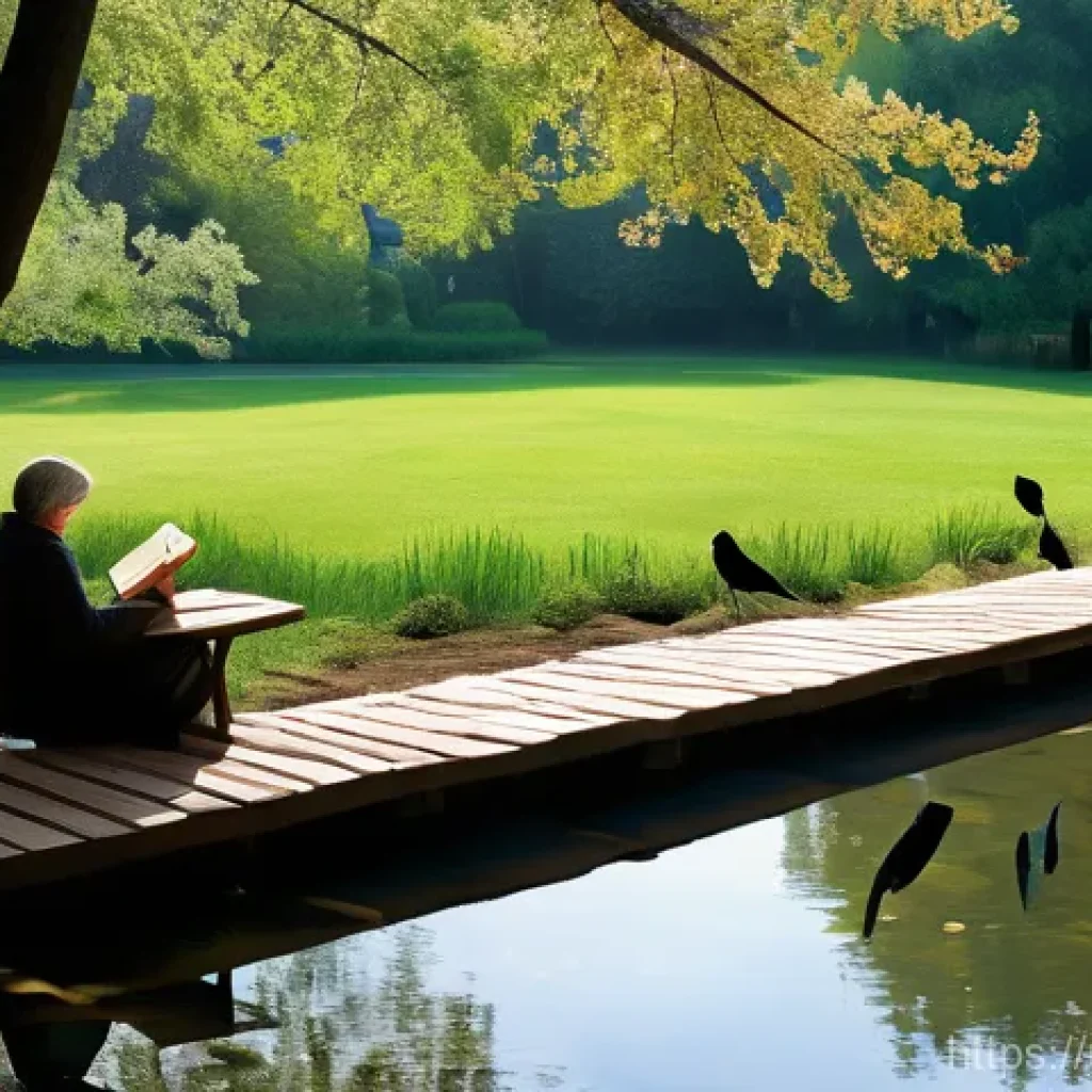 자연 속 도서관 힐링 공간 - **A Serene Outdoor Study Haven:**
"A tranquil outdoor library setting bathed in soft, dappled su...