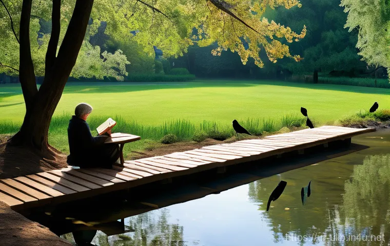 자연 속 도서관 힐링 공간 - **A Serene Outdoor Study Haven:**
"A tranquil outdoor library setting bathed in soft, dappled su...