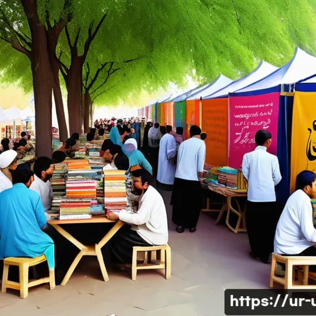 독서 문화 프로그램 기획 - A vibrant community book fair scene in a Pakistani urban park, featuring diverse families browsing c...