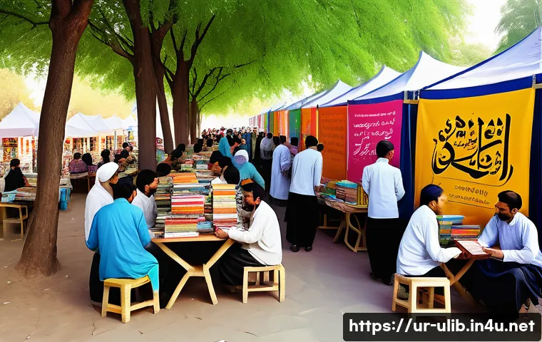 독서 문화 프로그램 기획 - A vibrant community book fair scene in a Pakistani urban park, featuring diverse families browsing c...