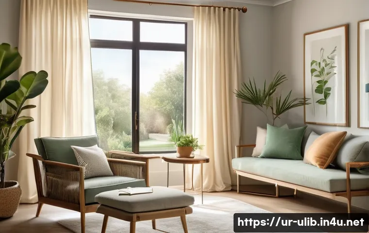 인스타 감성 도서관 인테리어 - A cozy reading nook bathed in natural daylight streaming through a large window with sheer curtains,...