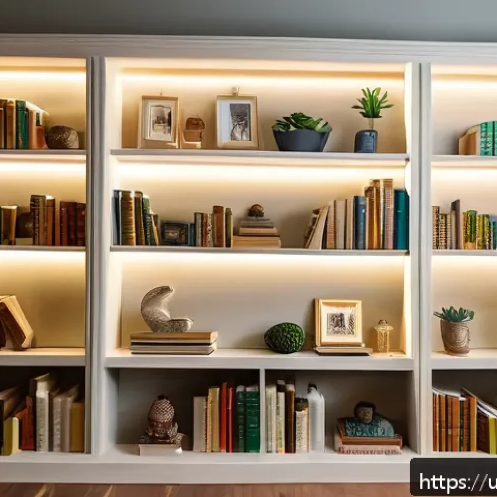 책장 인테리어 아이디어 - A bright and elegant wooden bookshelf painted in soft cream and light gray tones, filled with neatly...