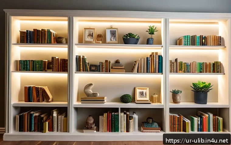 책장 인테리어 아이디어 - A bright and elegant wooden bookshelf painted in soft cream and light gray tones, filled with neatly...