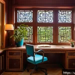 Home 22 독서 모임 공간 조성법 - A serene study room bathed in warm natural sunlight streaming through large traditional wooden windo...