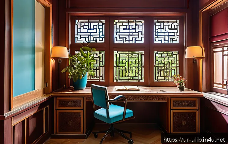독서 모임 공간 조성법 - A serene study room bathed in warm natural sunlight streaming through large traditional wooden windo...