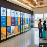 Home 21 미래형 스마트 도서관 - A modern smart library interior in Pakistan, featuring digital catalog kiosks with touchscreens disp...
