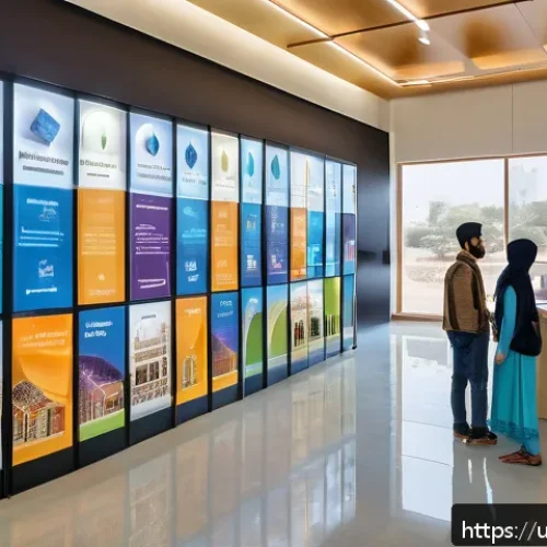 Home 33 미래형 스마트 도서관 - A modern smart library interior in Pakistan, featuring digital catalog kiosks with touchscreens disp...