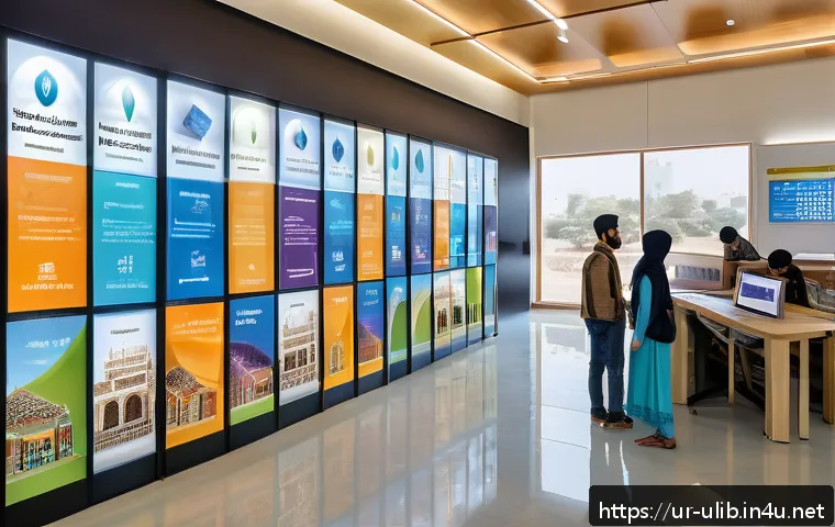 미래형 스마트 도서관 - A modern smart library interior in Pakistan, featuring digital catalog kiosks with touchscreens disp...