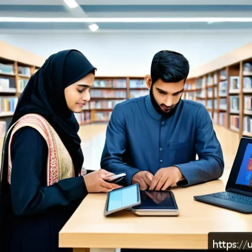 Home 32 스마트 도서관 자동화 기술 - A modern digital library interior in Pakistan with students of diverse backgrounds using laptops and...