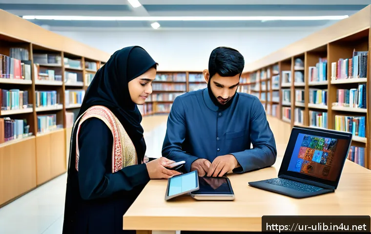 스마트 도서관 자동화 기술 - A modern digital library interior in Pakistan with students of diverse backgrounds using laptops and...