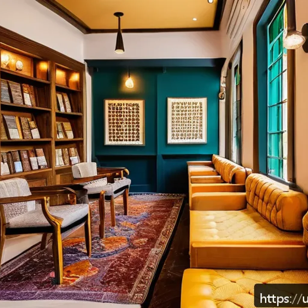 북카페형 도서관 인테리어 - A cozy book caf&eacute; interior in an urban Pakistani setting, featuring a blend of traditional and modern...